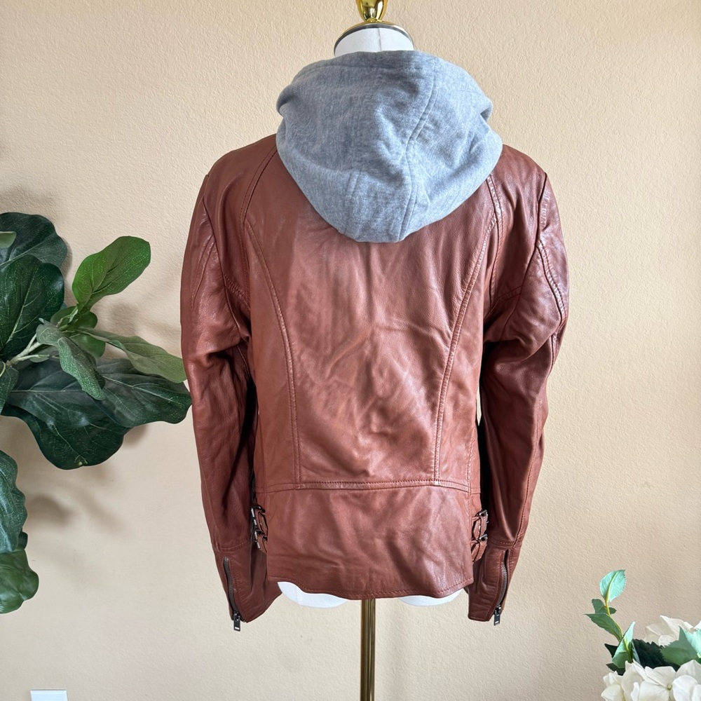 Mauritius Cognac Lamb Leather Moto Jacket Women’s XL Removable Gray Hood - Picture 5 of 16